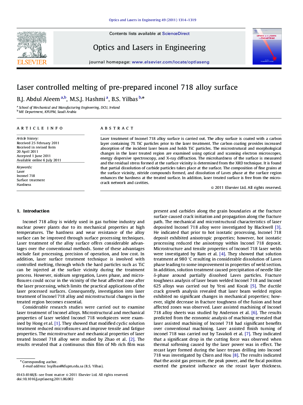 Laser controlled melting of pre-prepared inconel 718 alloy surface