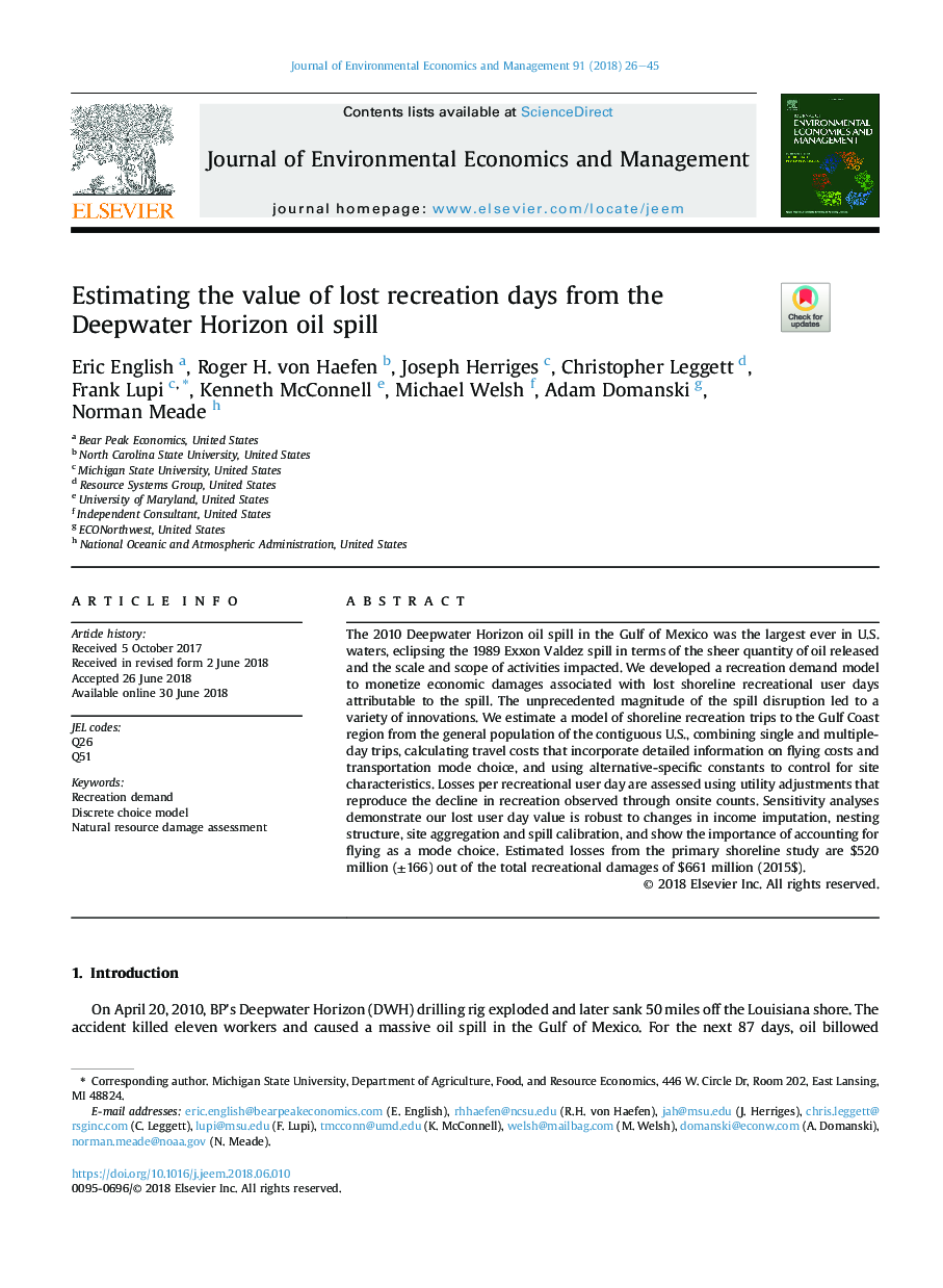 Estimating the value of lost recreation days from the Deepwater Horizon oil spill