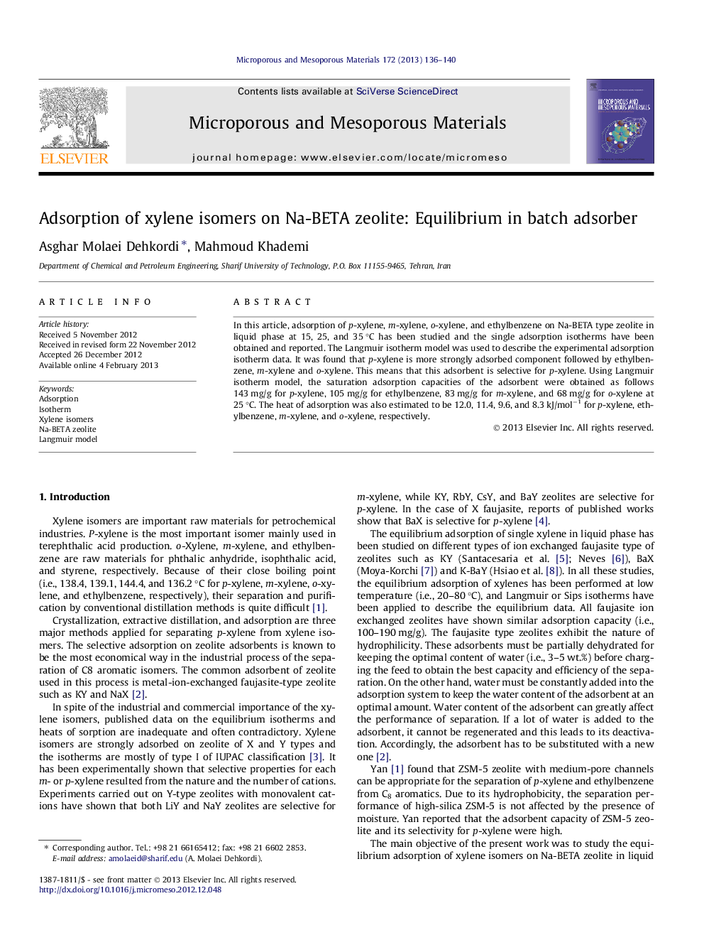 عکس صفحه اول مقاله: Adsorption of xylene isomers on Na-BETA zeolite: Equilibrium in batch adsorber Adsorption of xylene isomers on Na-BETA zeolite: Equilibrium in batch adsorber