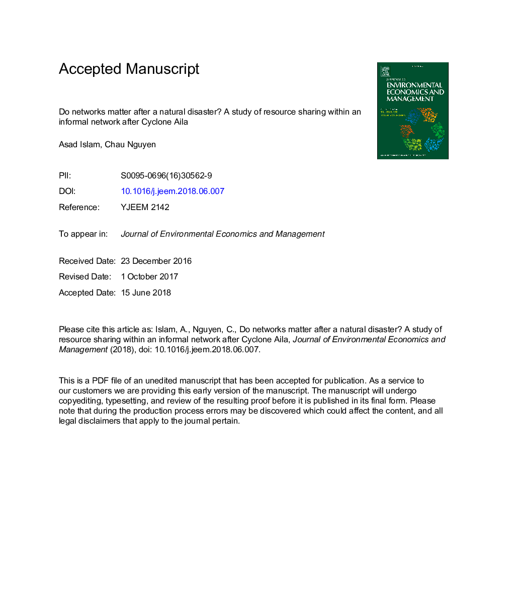 Do networks matter after a natural disaster? A study of resource sharing within an informal network after Cyclone Aila