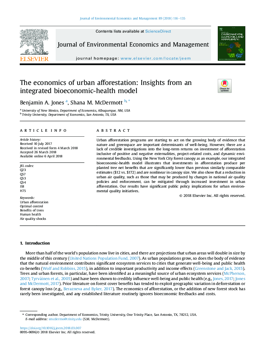 The economics of urban afforestation: Insights from an integrated bioeconomic-health model