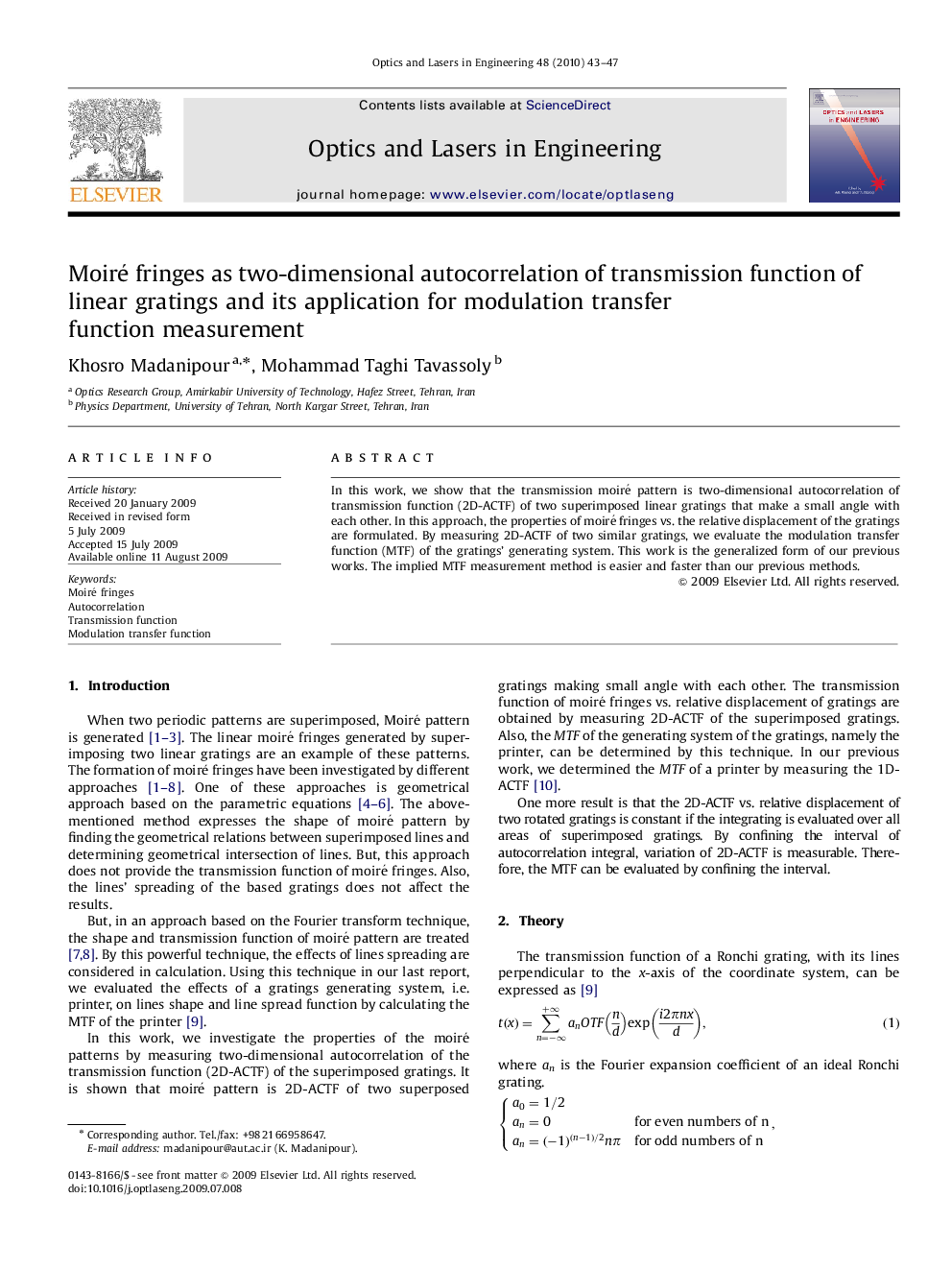 Moiré fringes as two-dimensional autocorrelation of transmission function of linear gratings and its application for modulation transfer function measurement