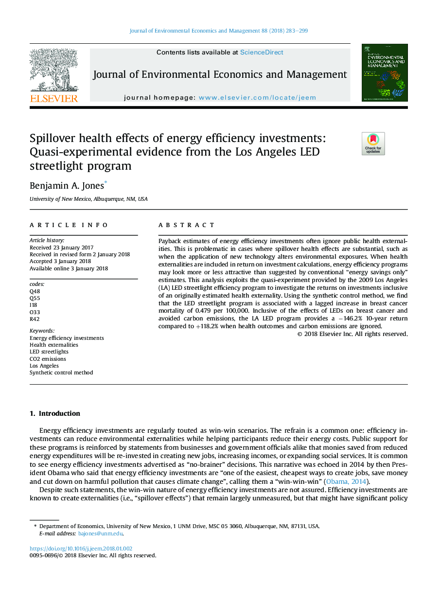 اثرات بهداشتی تاثیر گذار در سرمایه گذاری های بهره وری انرژی: شواهد شبه آزمایشی از برنامه چراغ سبز لس آنجلس 