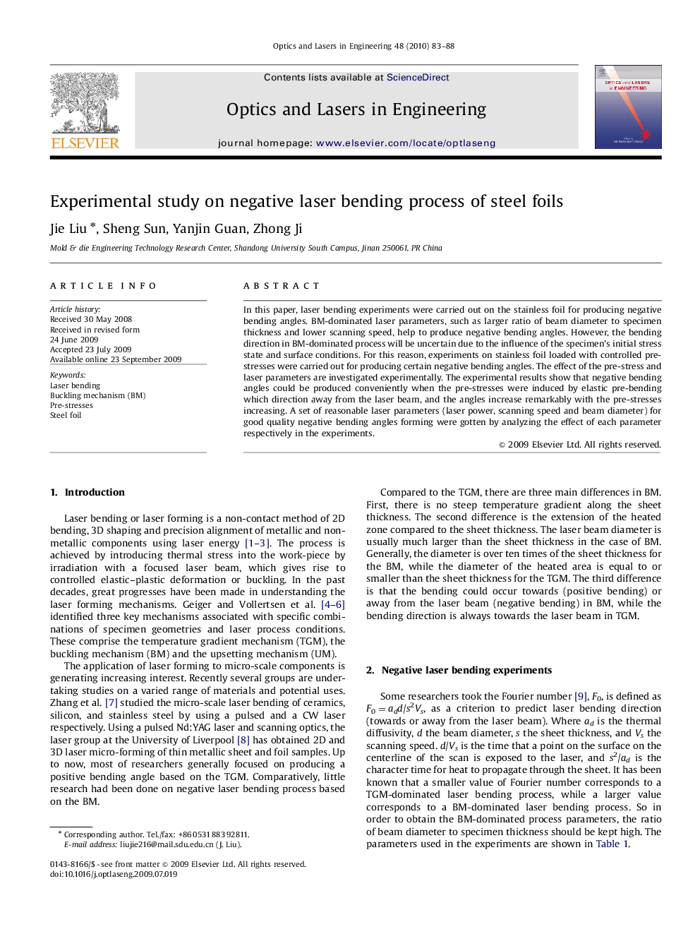 Experimental study on negative laser bending process of steel foils