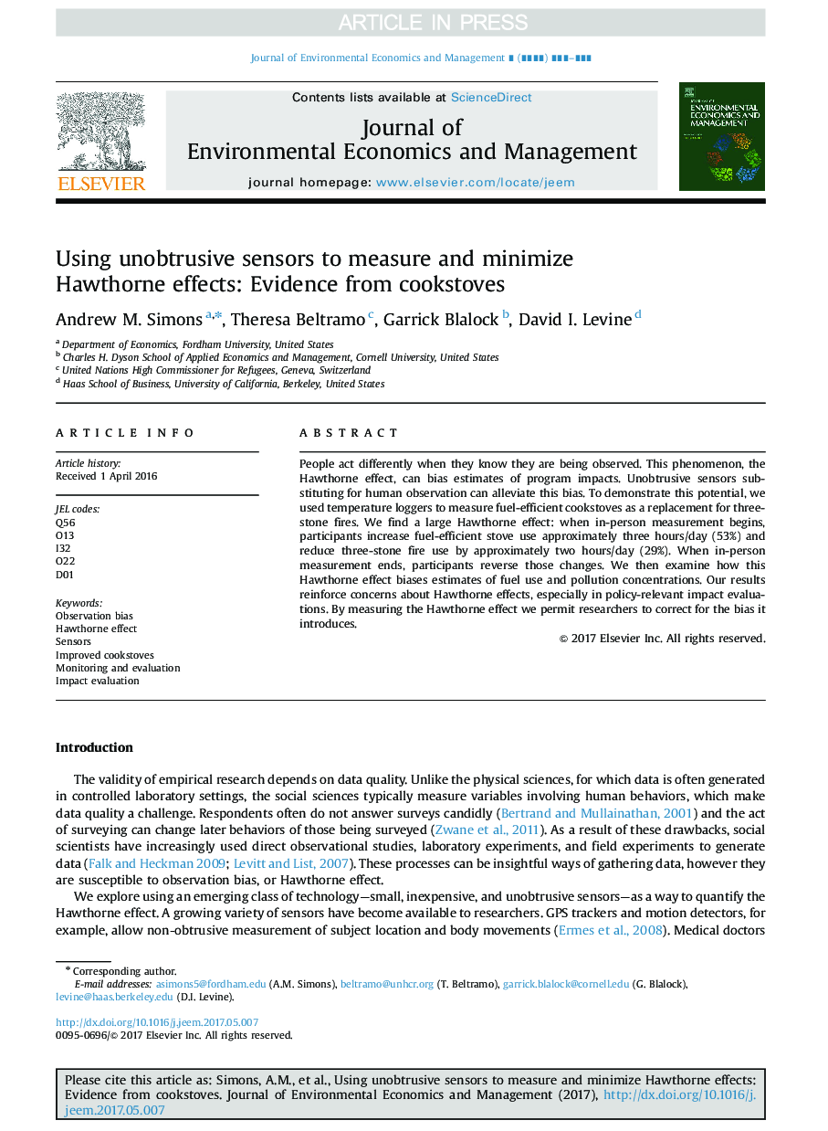 Using unobtrusive sensors to measure and minimize Hawthorne effects: Evidence from cookstoves