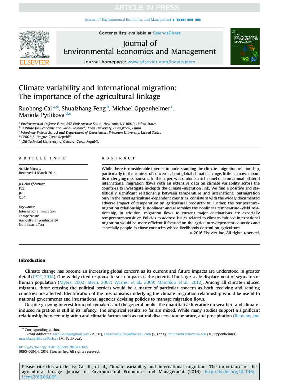 Climate variability and international migration: The importance of the agricultural linkage