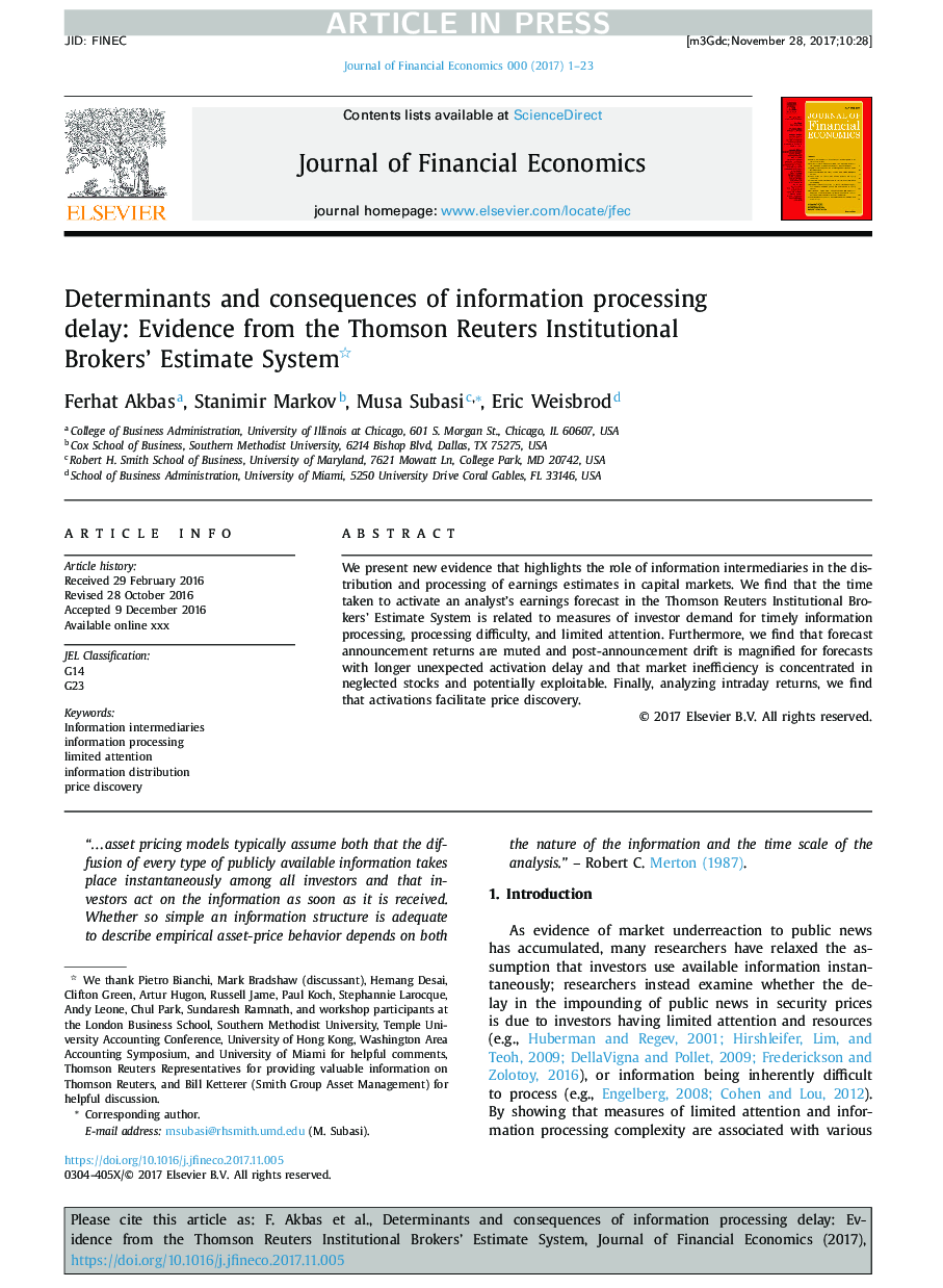 Determinants and consequences of information processing delay: Evidence from the Thomson Reuters Institutional Brokers' Estimate System