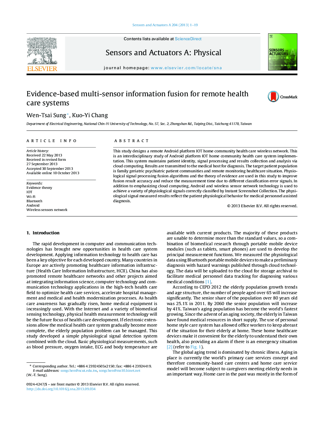 Evidence-based multi-sensor information fusion for remote health care systems