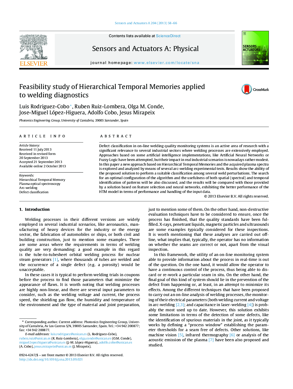 Feasibility study of Hierarchical Temporal Memories applied to welding diagnostics