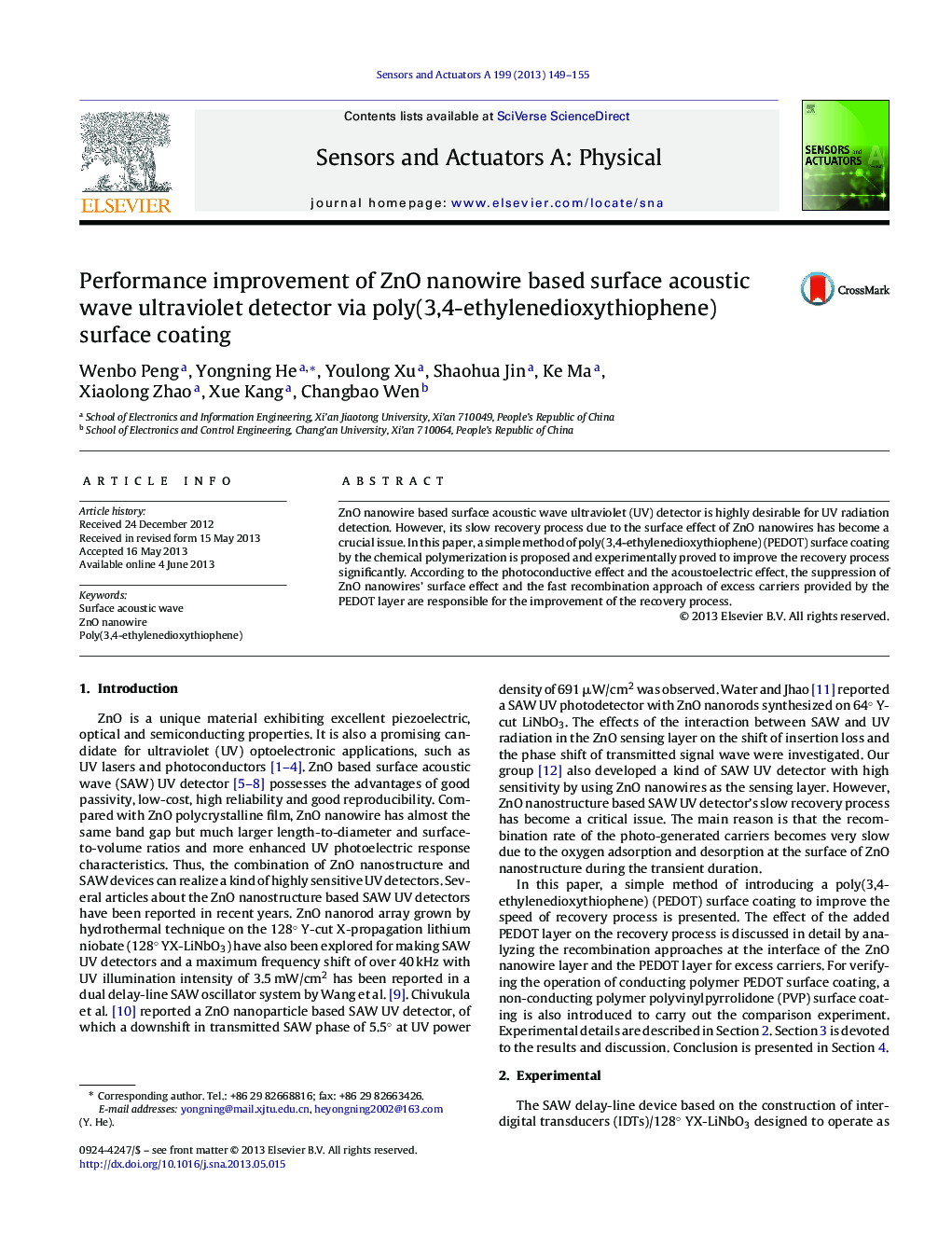 Performance improvement of ZnO nanowire based surface acoustic wave ultraviolet detector via poly(3,4-ethylenedioxythiophene) surface coating