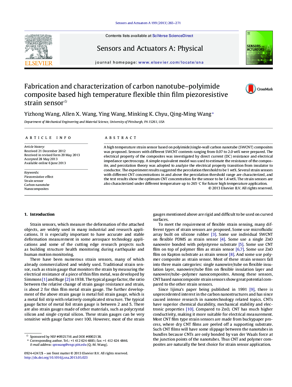 Fabrication and characterization of carbon nanotube–polyimide composite based high temperature flexible thin film piezoresistive strain sensor 