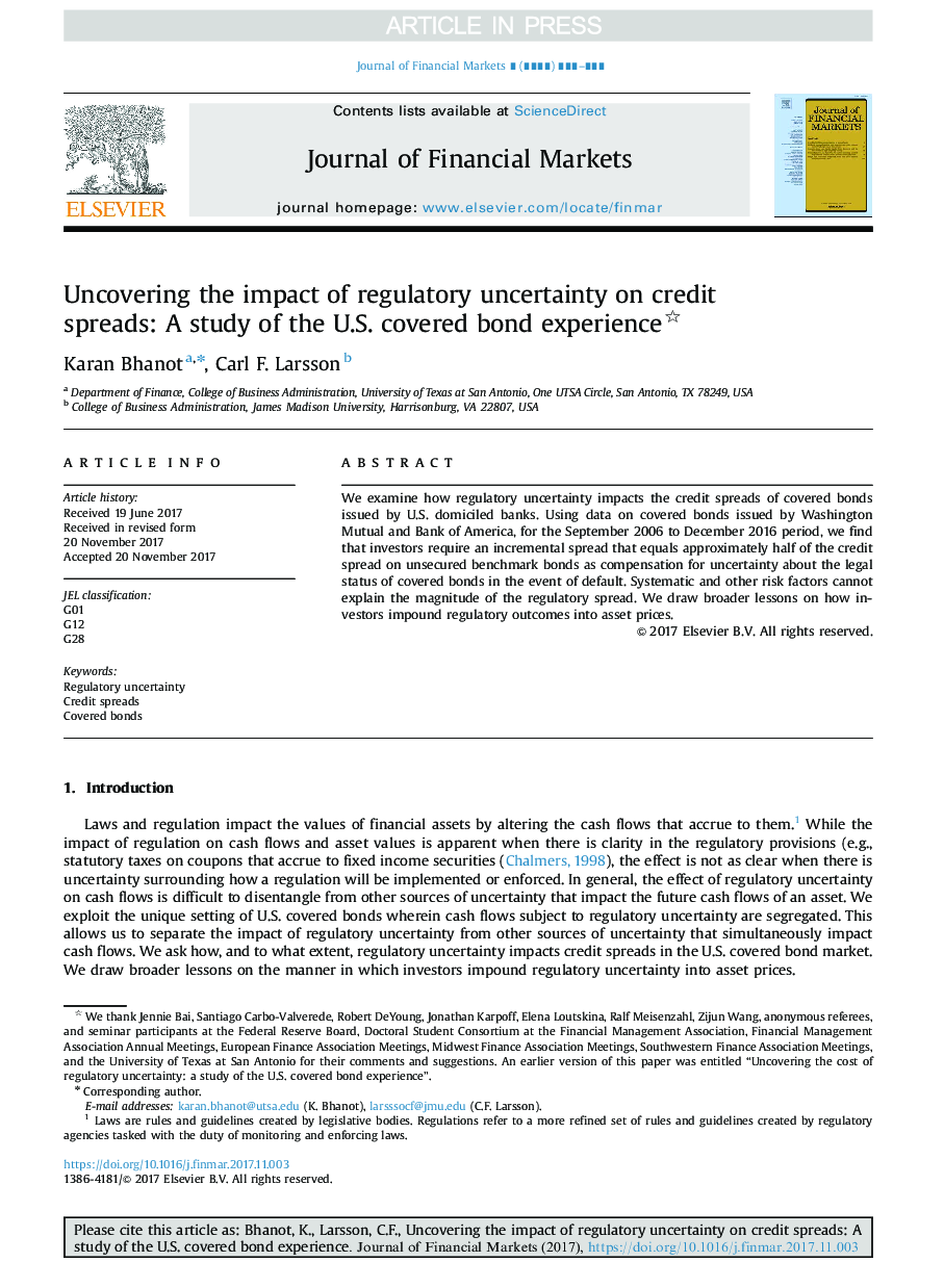 Uncovering the impact of regulatory uncertainty on credit spreads: A study of the U.S. covered bond experience