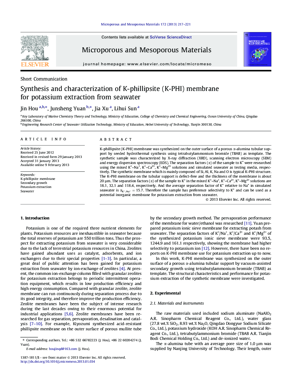 عکس صفحه اول مقاله: Synthesis and characterization of K-phillipsite (K-PHI) membrane for potassium extraction from seawater Synthesis and characterization of K-phillipsite (K-PHI) membrane for potassium extraction from seawater