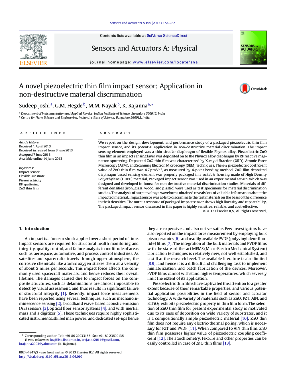 عکس صفحه اول مقاله: A novel piezoelectric thin film impact sensor: Application in non-destructive material discrimination A novel piezoelectric thin film impact sensor: Application in non-destructive material discrimination