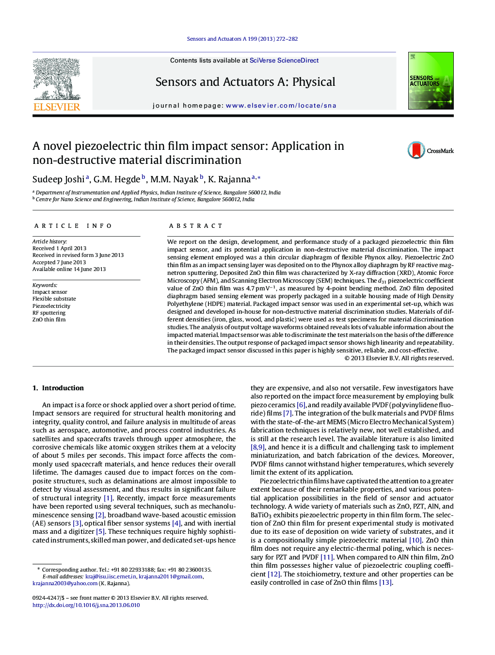 A novel piezoelectric thin film impact sensor: Application in non-destructive material discrimination