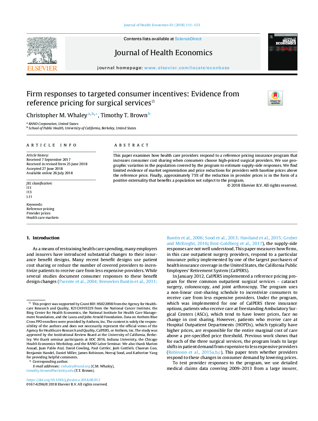 Firm responses to targeted consumer incentives: Evidence from reference pricing for surgical services