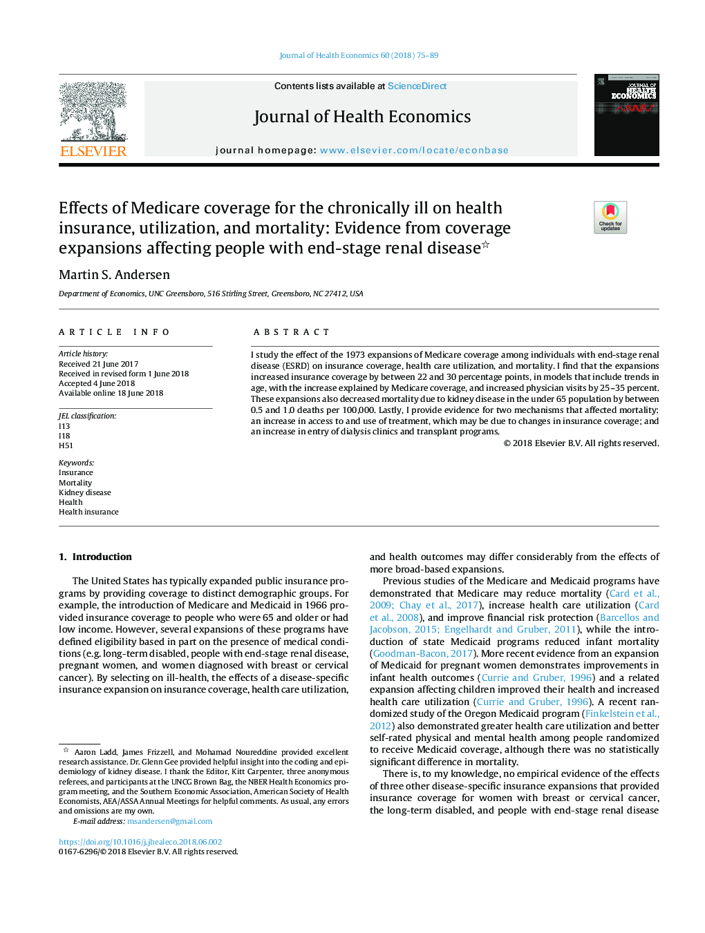 Effects of Medicare coverage for the chronically ill on health insurance, utilization, and mortality: Evidence from coverage expansions affecting people with end-stage renal disease