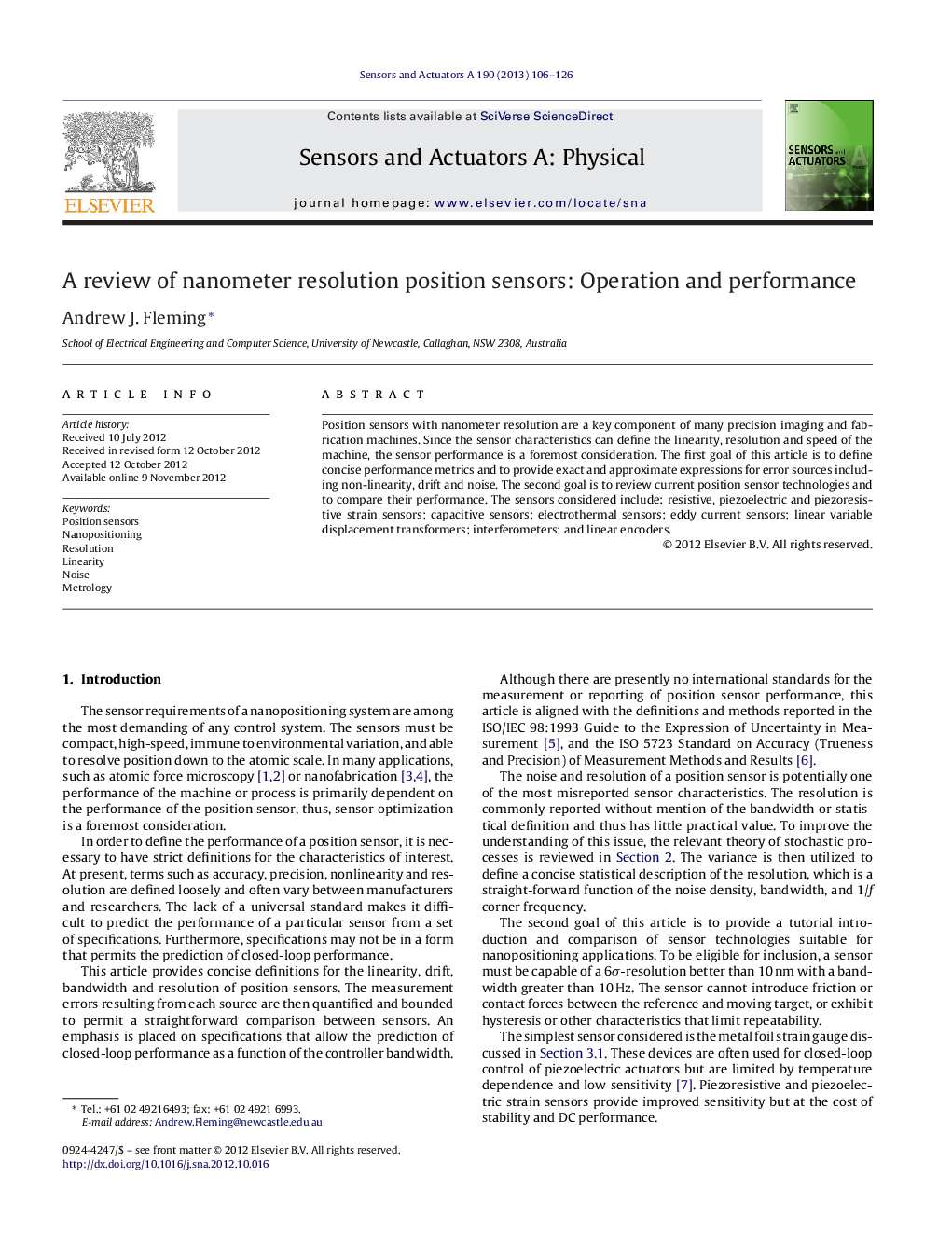 A review of nanometer resolution position sensors: Operation and performance