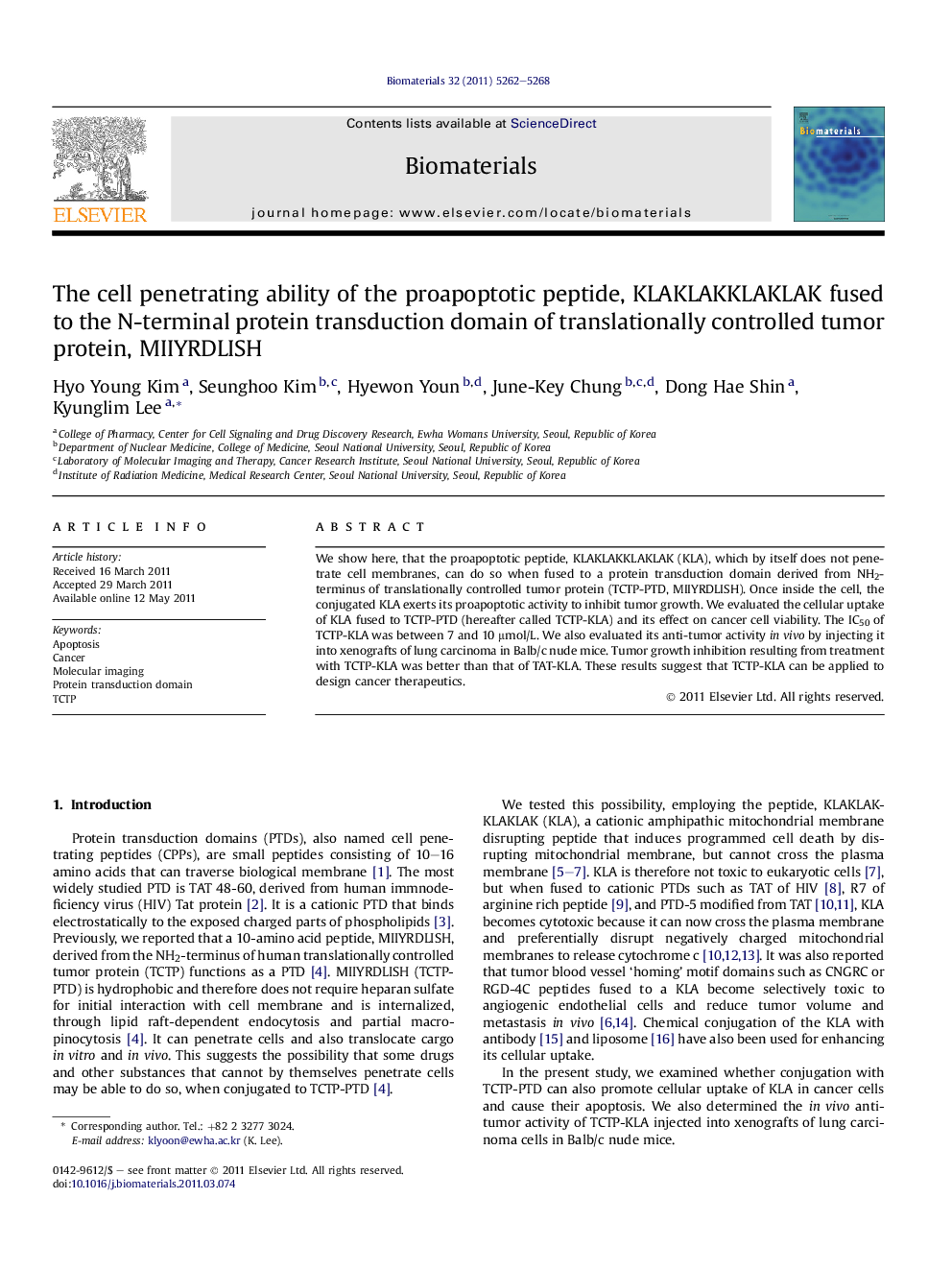 The cell penetrating ability of the proapoptotic peptide, KLAKLAKKLAKLAK fused to the N-terminal protein transduction domain of translationally controlled tumor protein, MIIYRDLISH