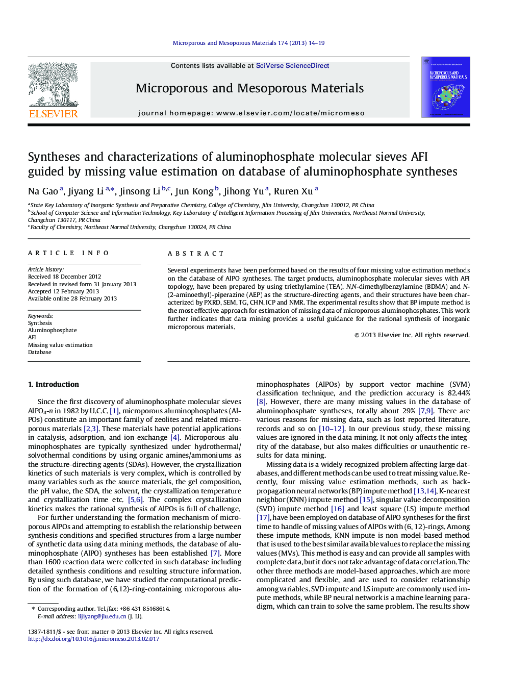 Syntheses and characterizations of aluminophosphate molecular sieves AFI guided by missing value estimation on database of aluminophosphate syntheses