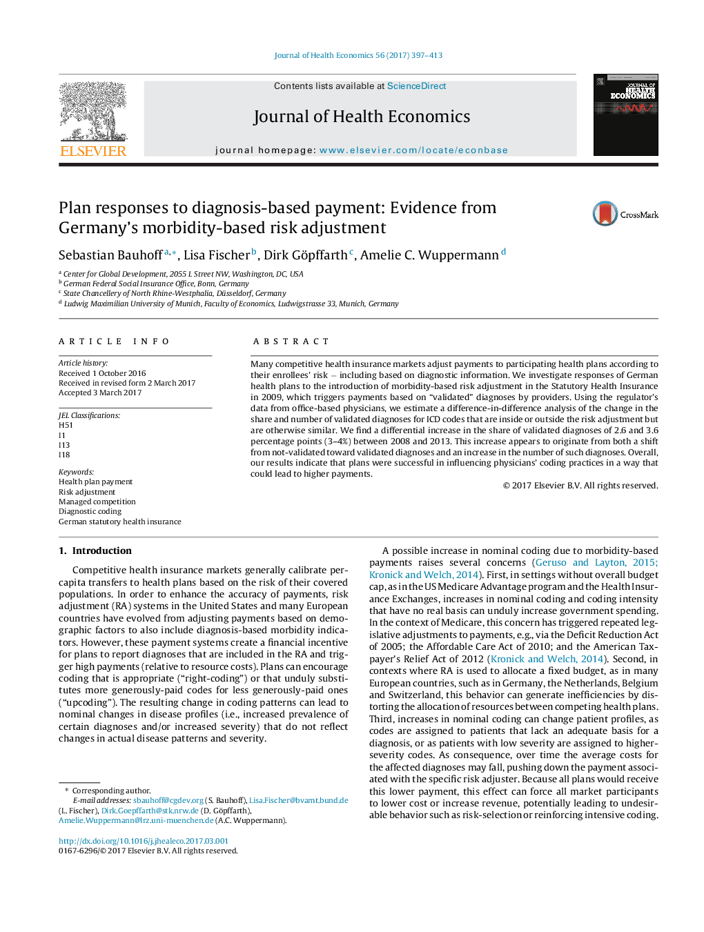 Plan responses to diagnosis-based payment: Evidence from Germany's morbidity-based risk adjustment