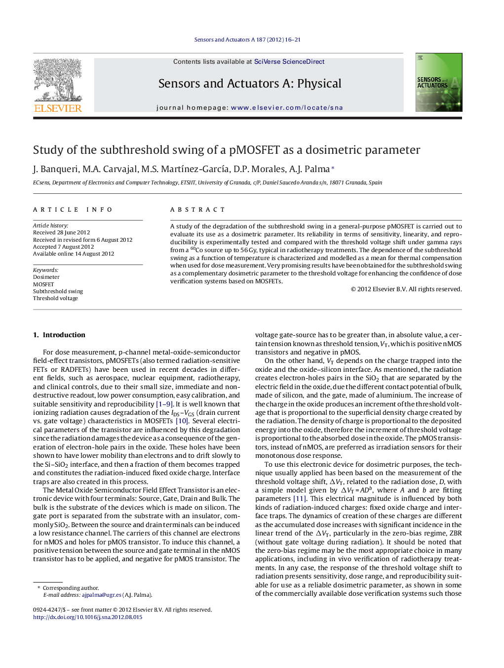 Study of the subthreshold swing of a pMOSFET as a dosimetric parameter