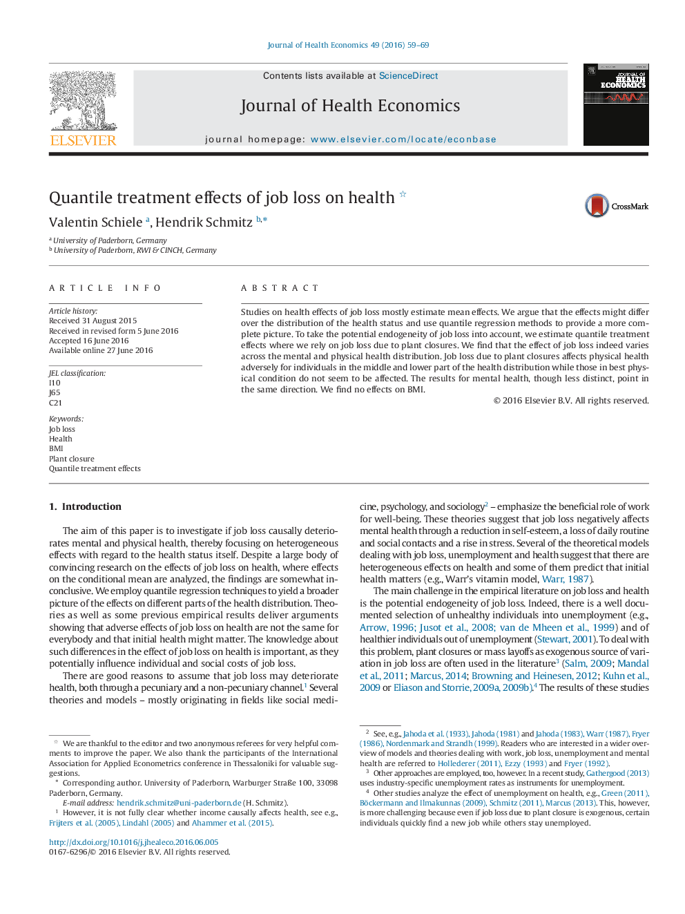 Quantile treatment effects of job loss on health