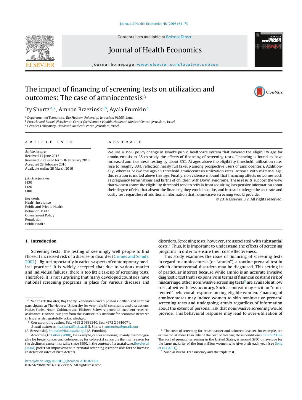 The impact of financing of screening tests on utilization and outcomes: The case of amniocentesis