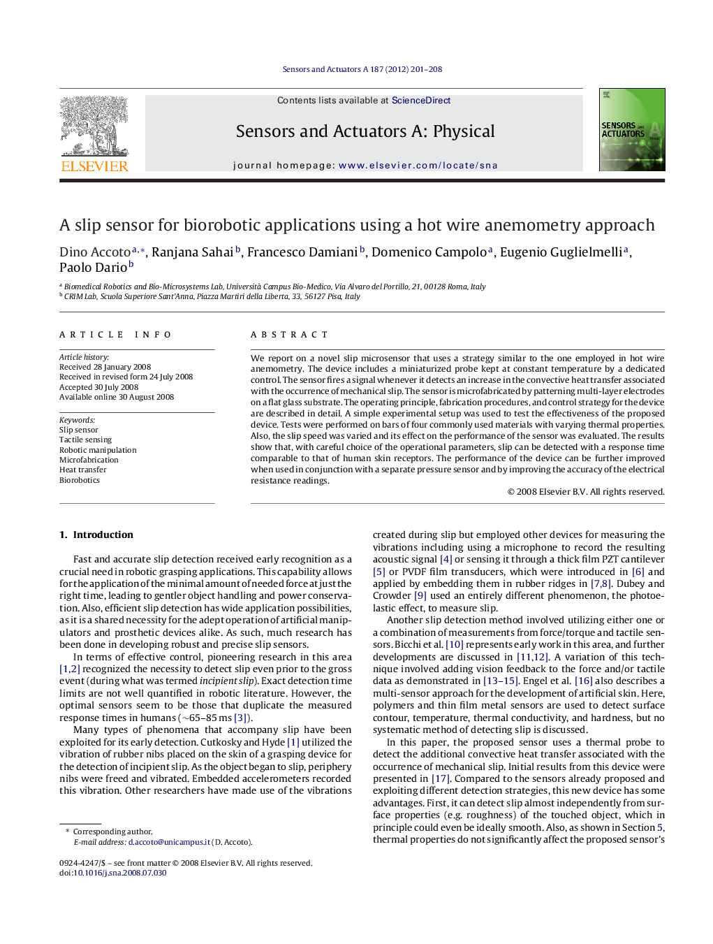 A slip sensor for biorobotic applications using a hot wire anemometry approach