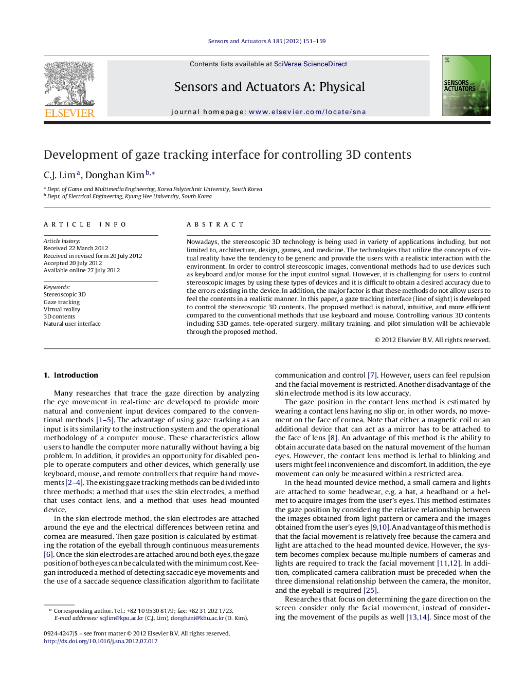 Development of gaze tracking interface for controlling 3D contents