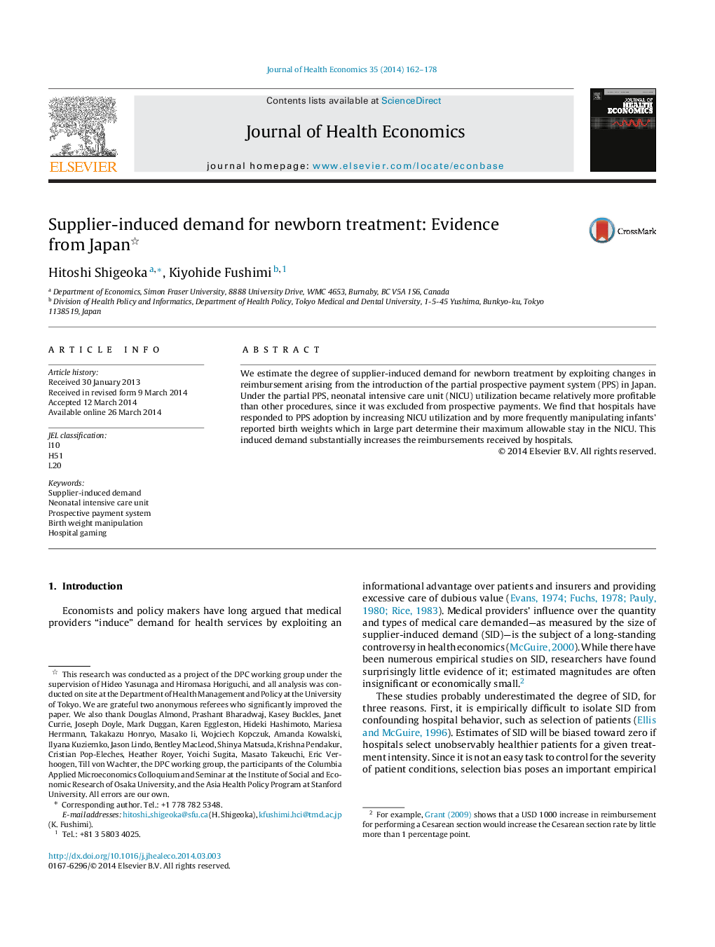 Supplier-induced demand for newborn treatment: Evidence from Japan