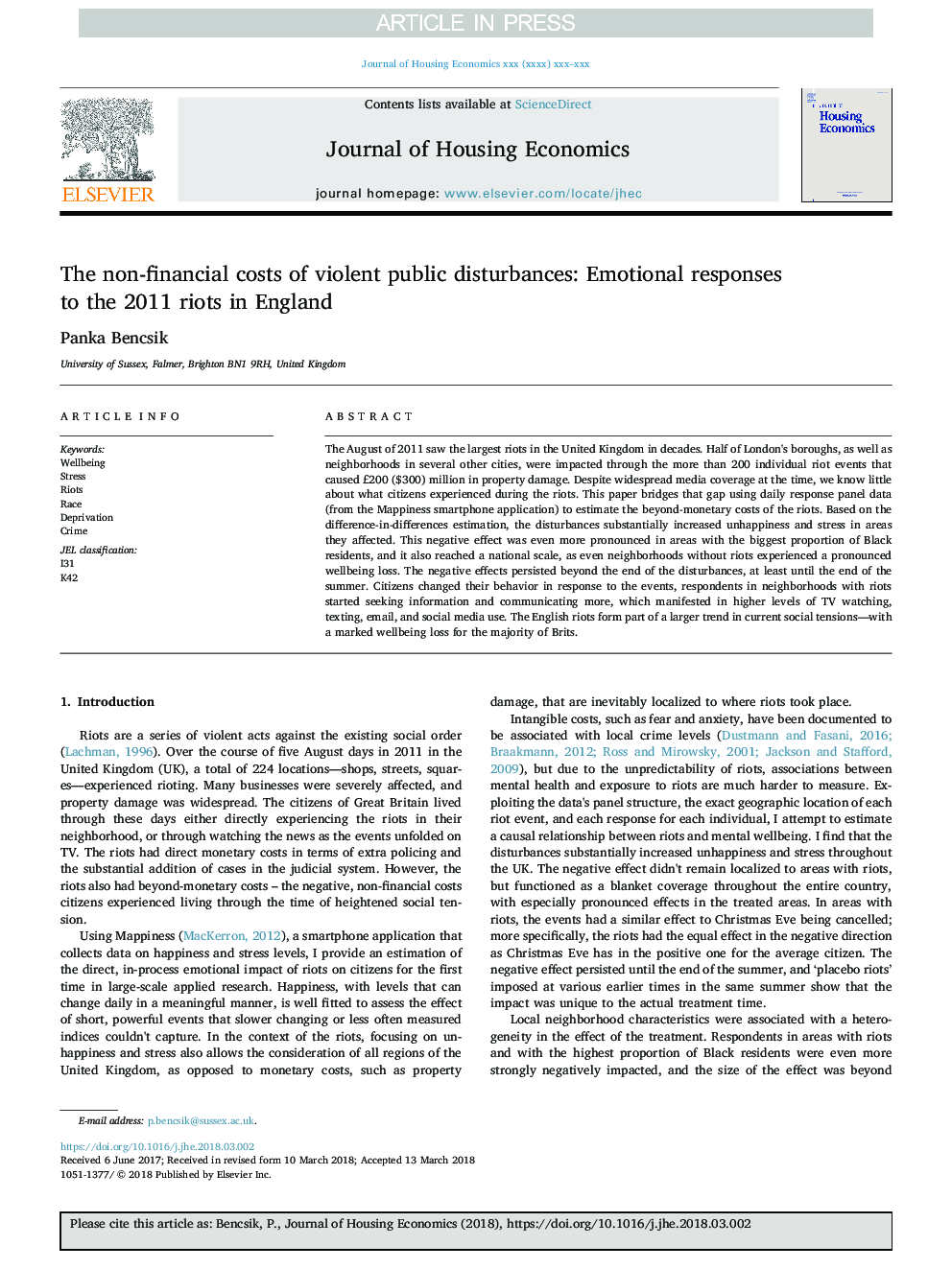 The non-financial costs of violent public disturbances: Emotional responses to the 2011 riots in England