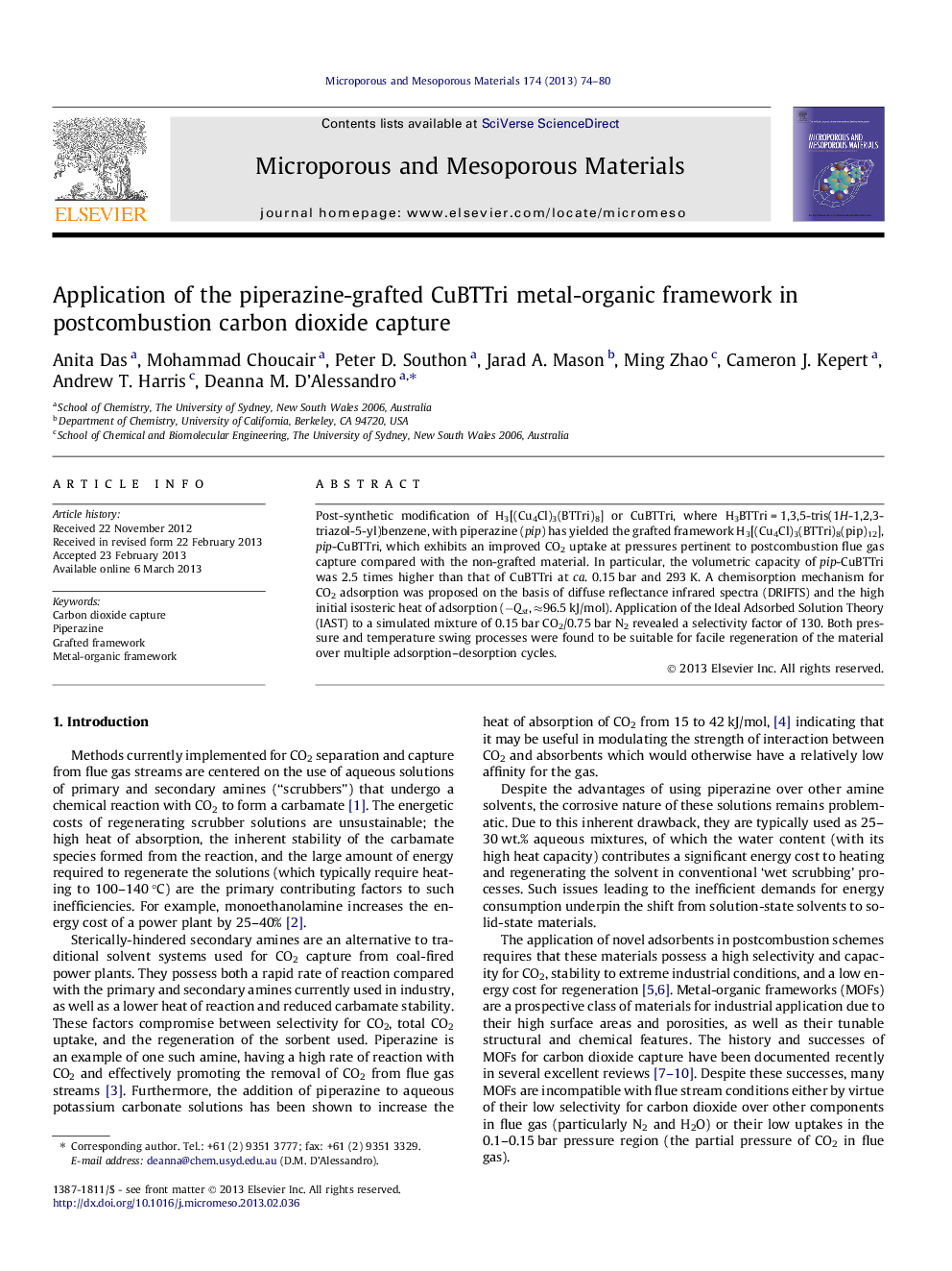 عکس صفحه اول مقاله: Application of the piperazine-grafted CuBTTri metal-organic framework in postcombustion carbon dioxide capture Application of the piperazine-grafted CuBTTri metal-organic framework in postcombustion carbon dioxide capture