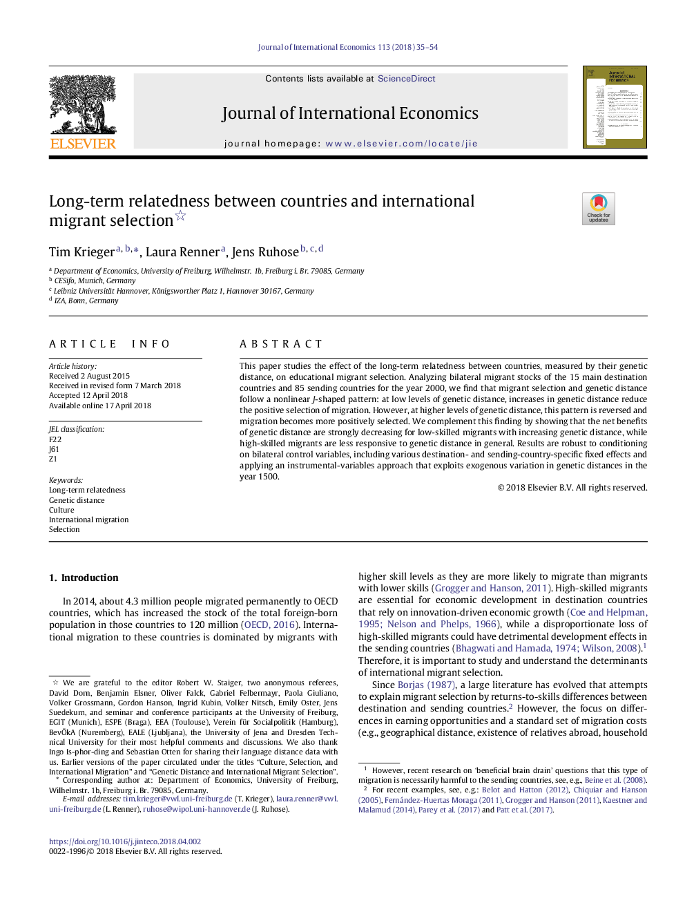 Long-term relatedness between countries and international migrantÂ selection