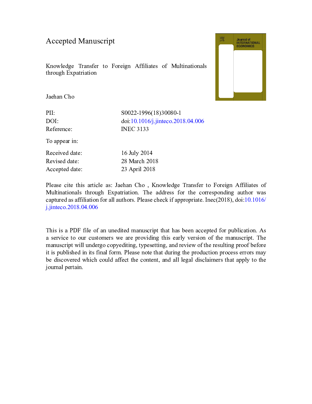 Knowledge transfer to foreign affiliates of multinationals through expatriation