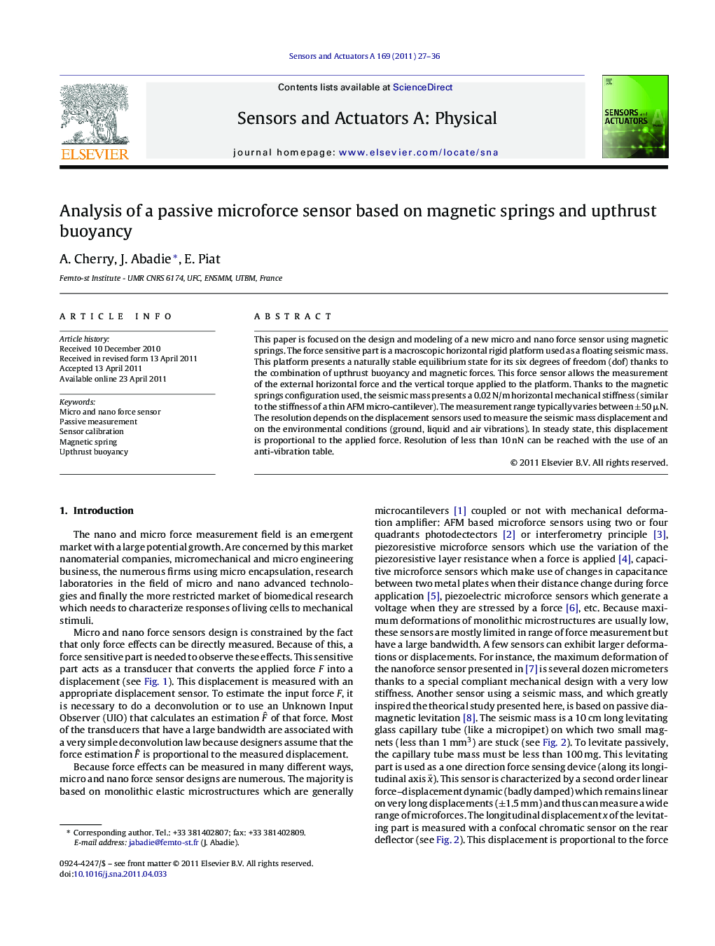 عکس صفحه اول مقاله: Analysis of a passive microforce sensor based on magnetic springs and upthrust buoyancy Analysis of a passive microforce sensor based on magnetic springs and upthrust buoyancy