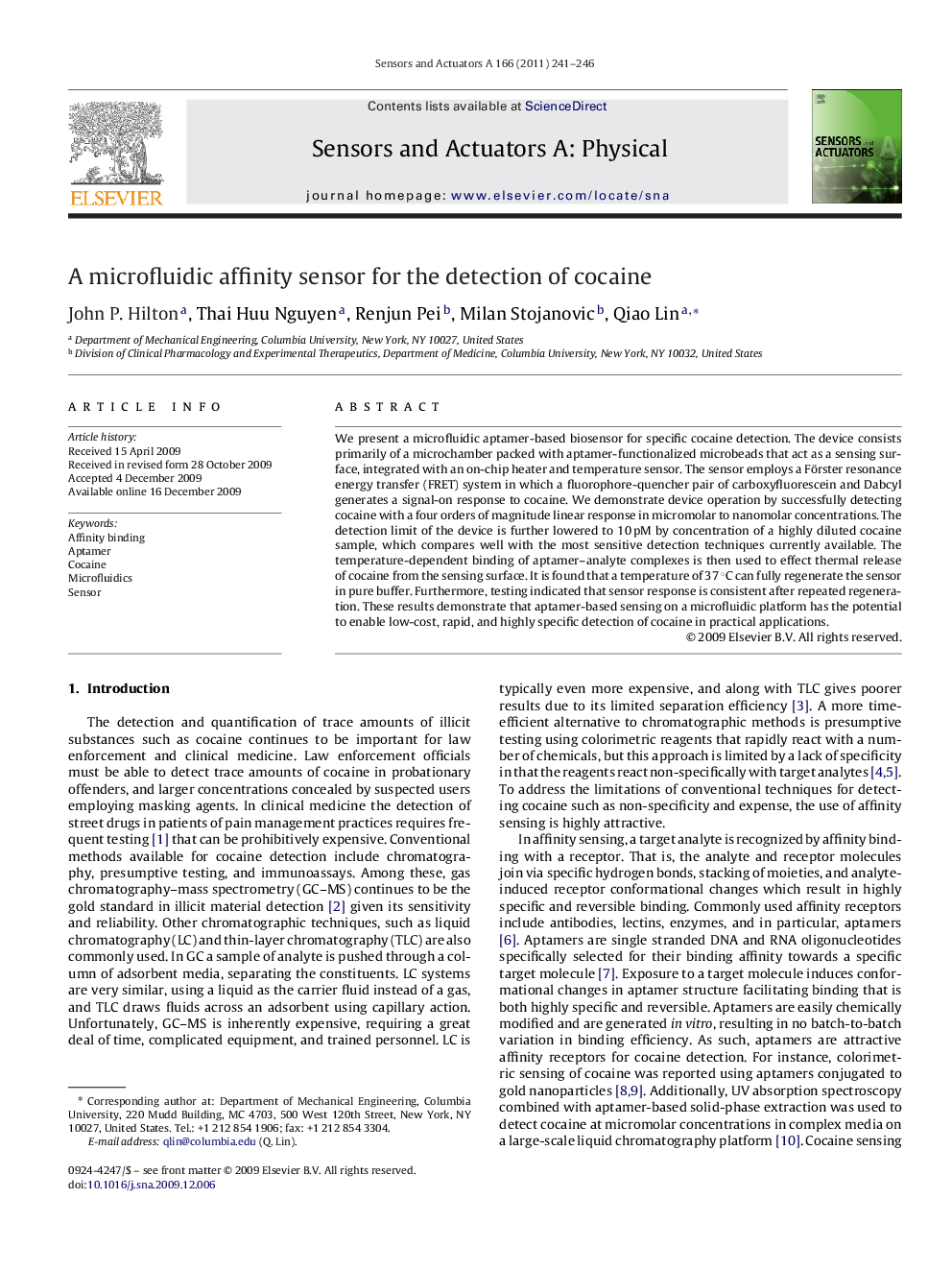 A microfluidic affinity sensor for the detection of cocaine