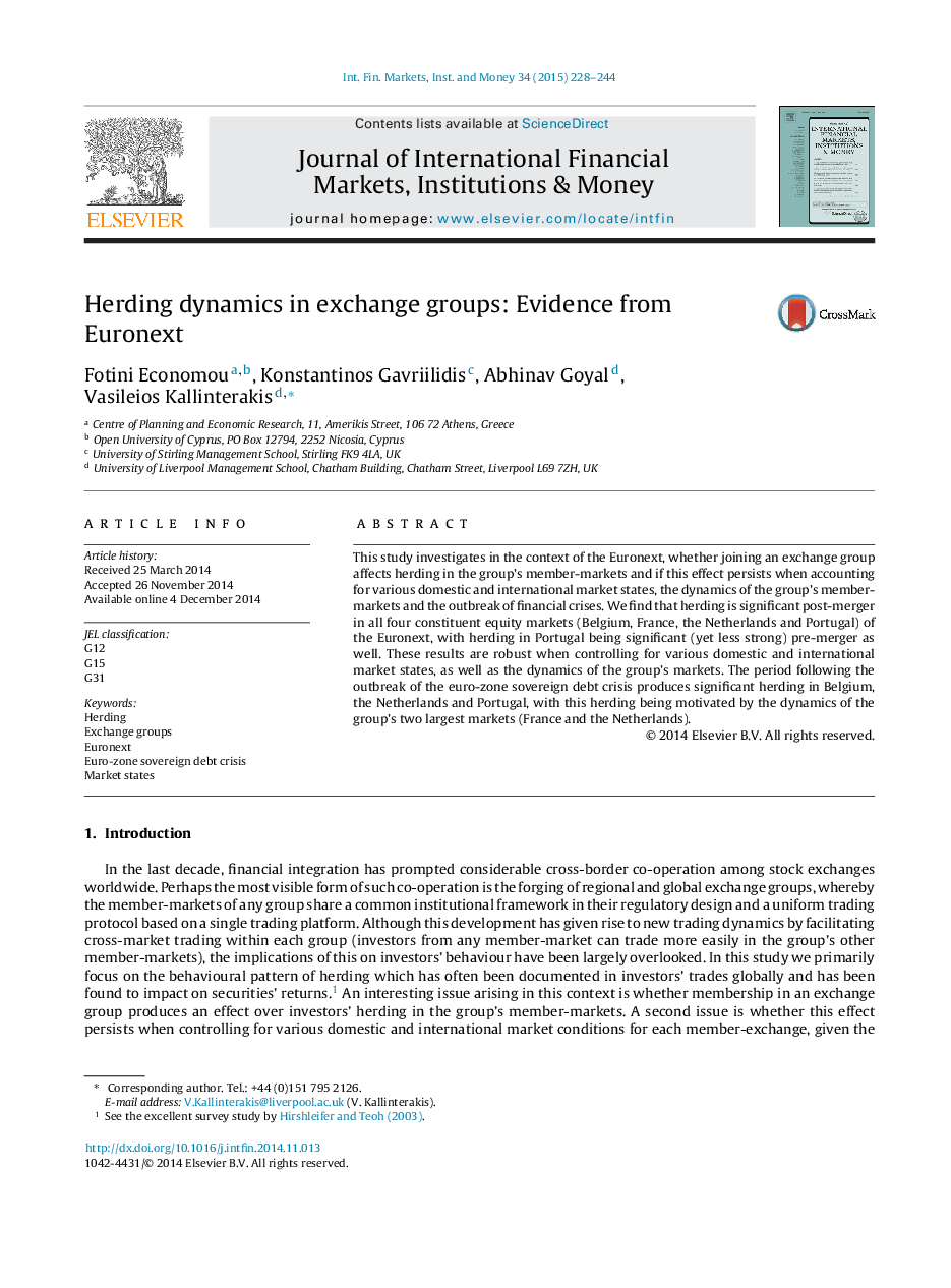 Herding dynamics in exchange groups: Evidence from Euronext