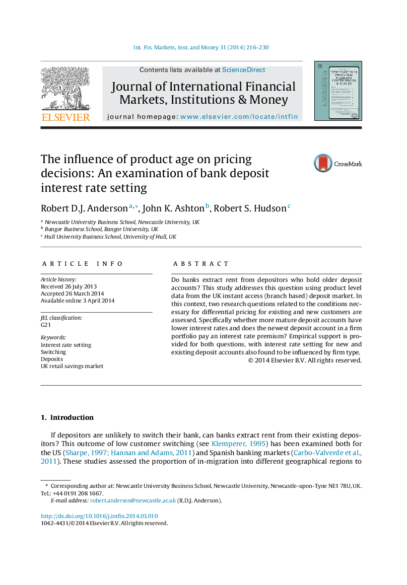 The influence of product age on pricing decisions: An examination of bank deposit interest rate setting