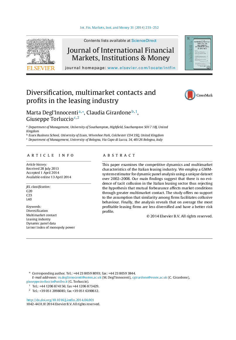 Diversification, multimarket contacts and profits in the leasing industry