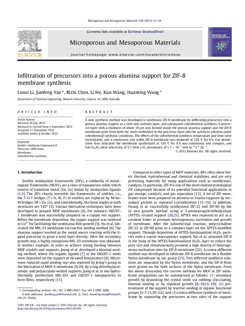 Infiltration of precursors into a porous alumina support for ZIF-8 membrane synthesis