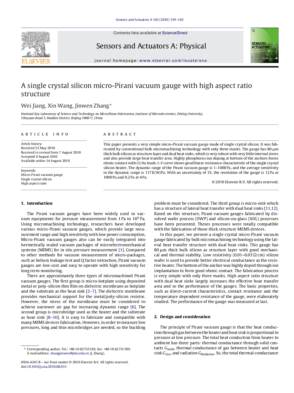 A single crystal silicon micro-Pirani vacuum gauge with high aspect ratio structure