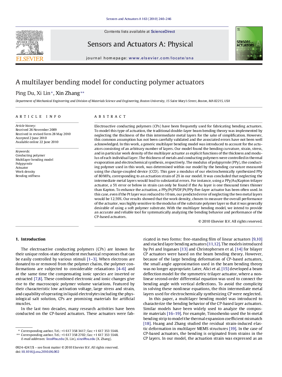 A multilayer bending model for conducting polymer actuators