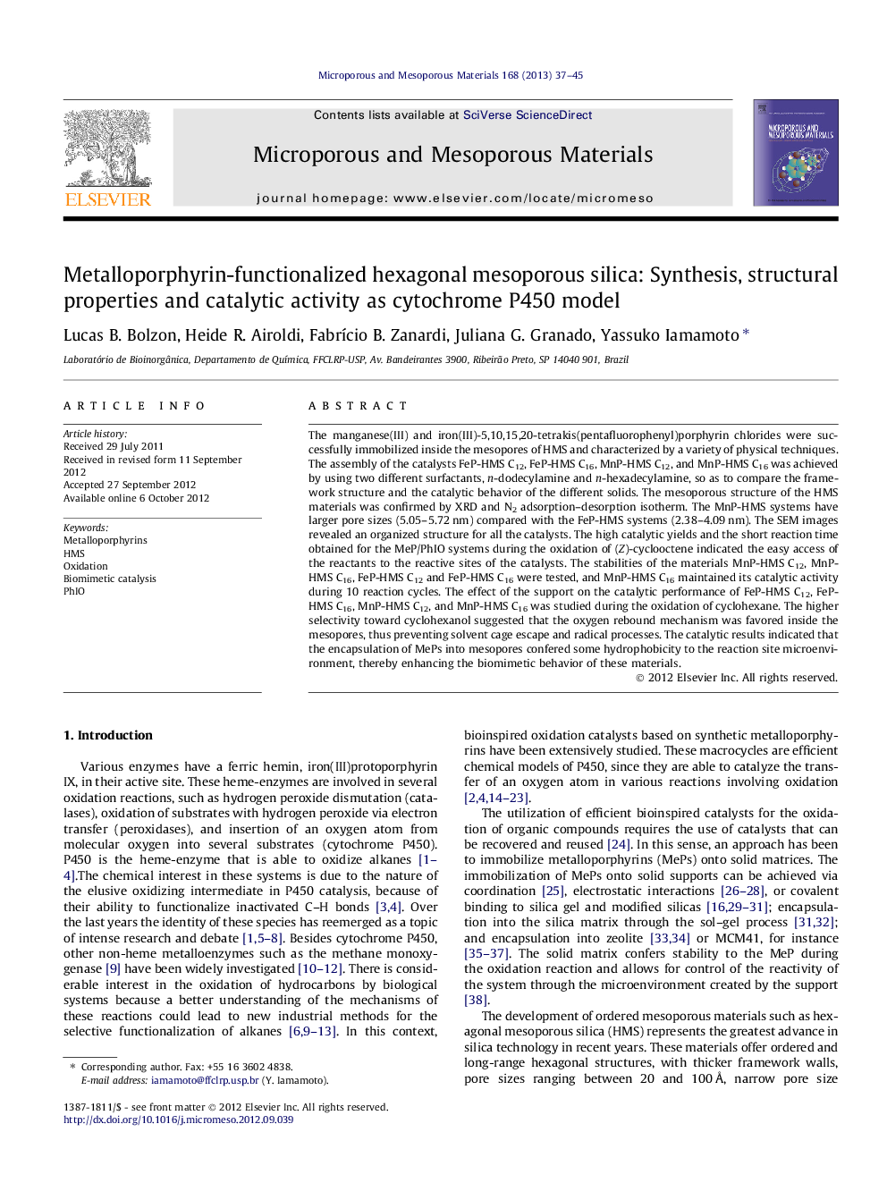 Metalloporphyrin-functionalized hexagonal mesoporous silica: Synthesis, structural properties and catalytic activity as cytochrome P450 model