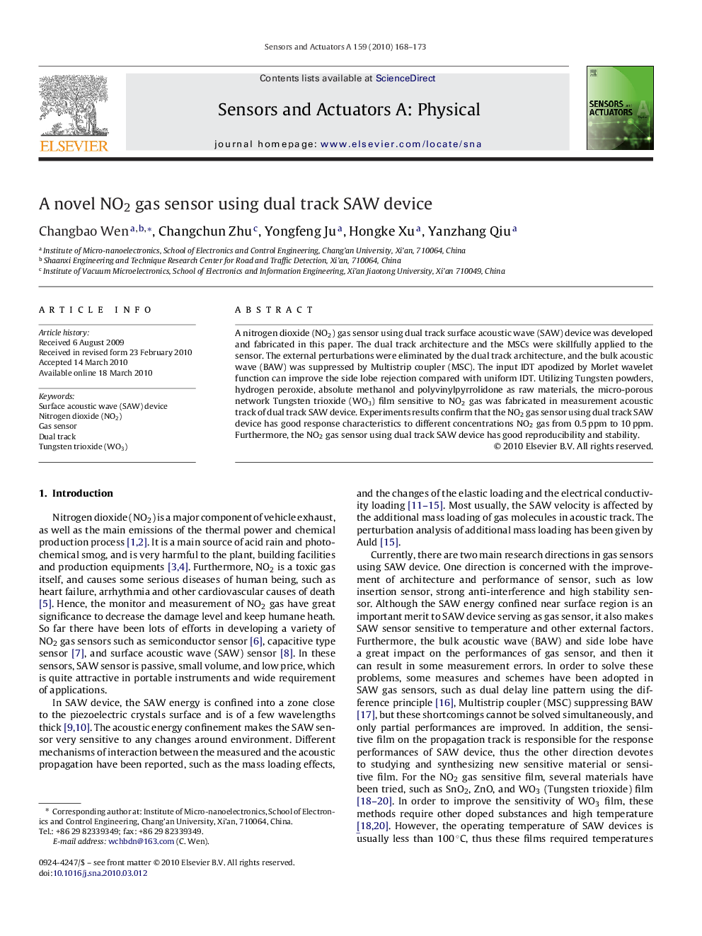 A novel NO2 gas sensor using dual track SAW device