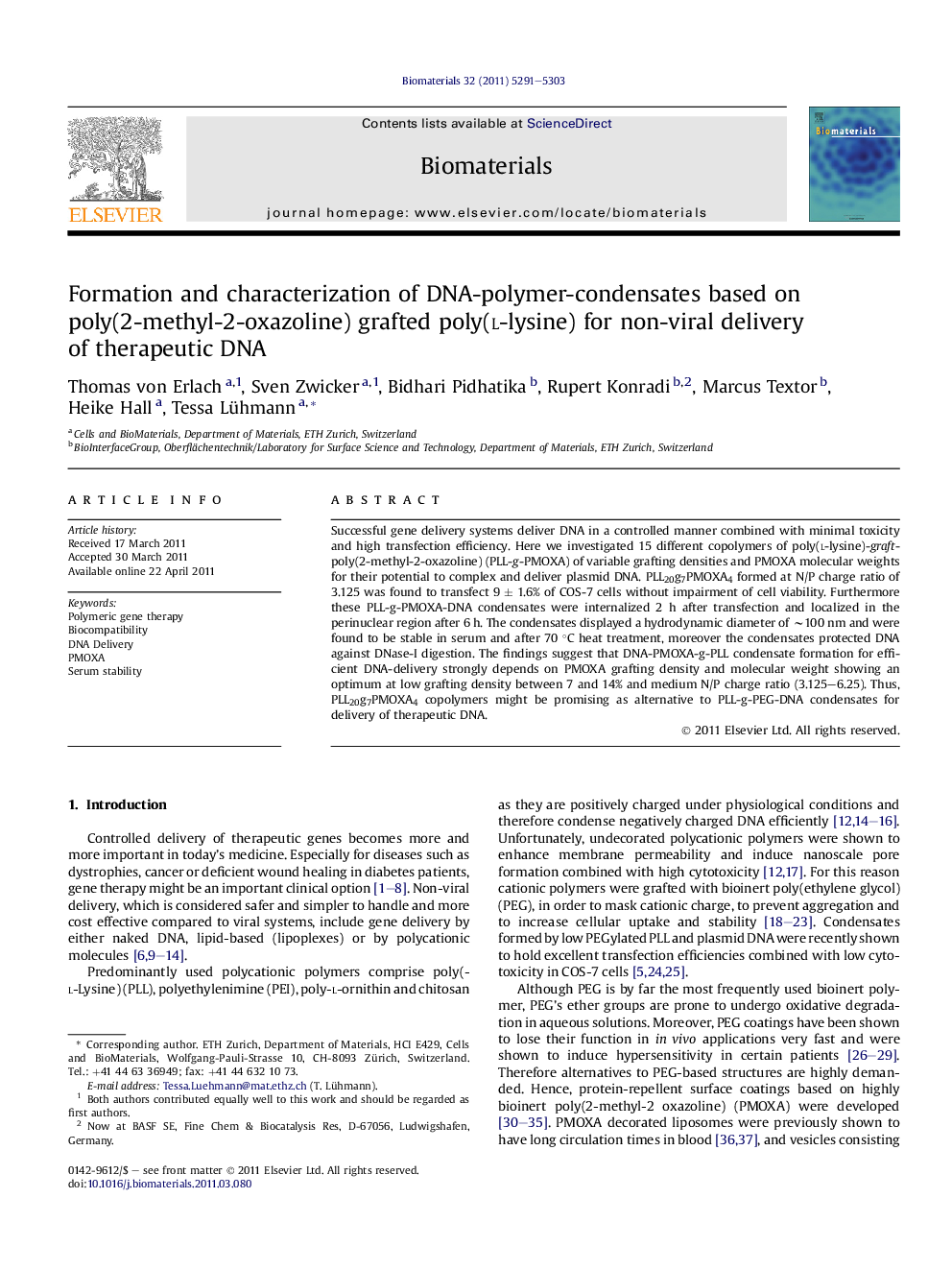 Formation and characterization of DNA-polymer-condensates based on poly(2-methyl-2-oxazoline) grafted poly(l-lysine) for non-viral delivery of therapeutic DNA