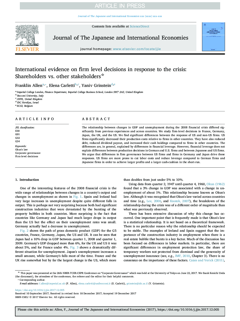 International evidence on firm level decisions in response to the crisis: Shareholders vs. other stakeholders