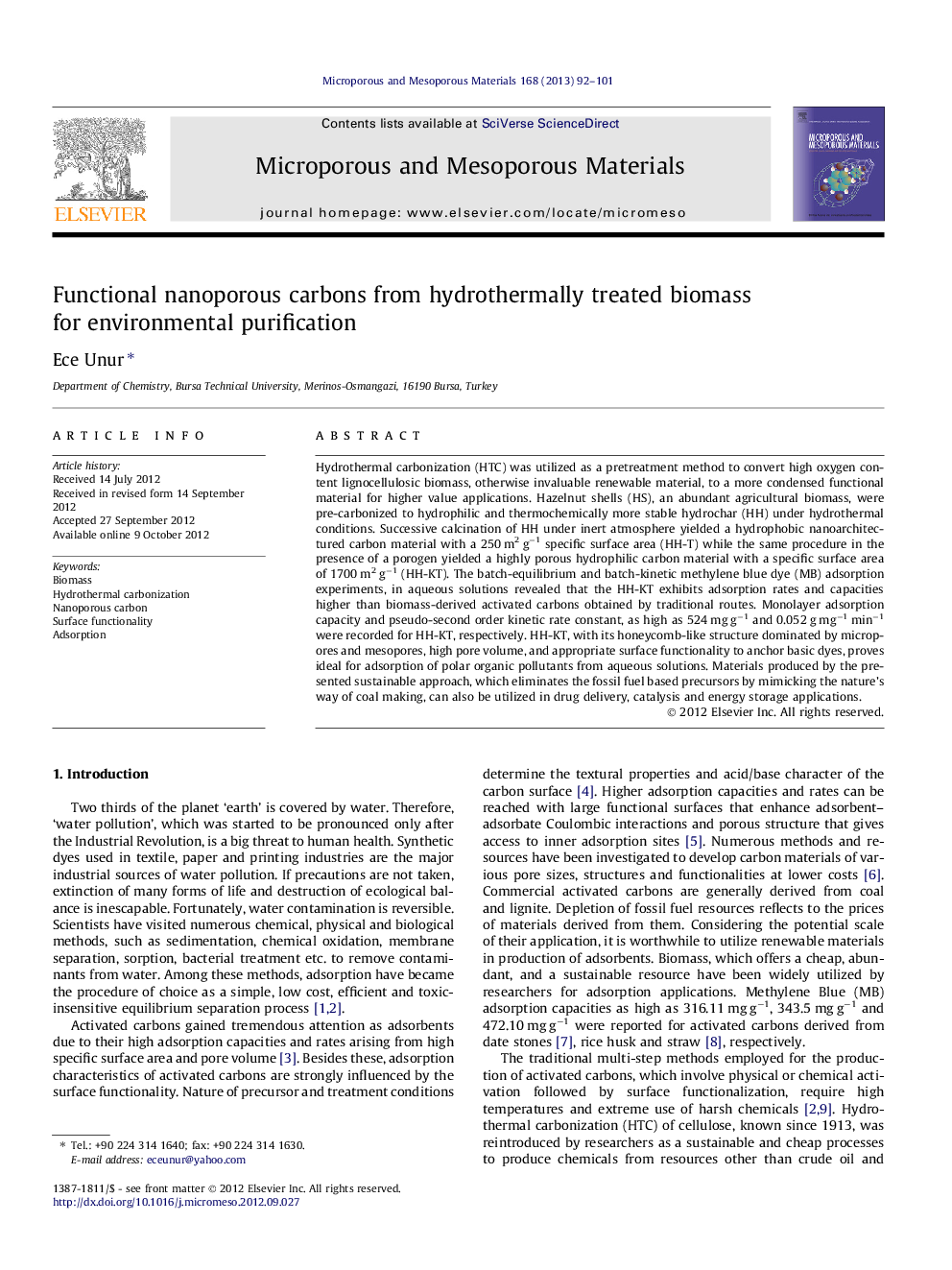 Functional nanoporous carbons from hydrothermally treated biomass for environmental purification