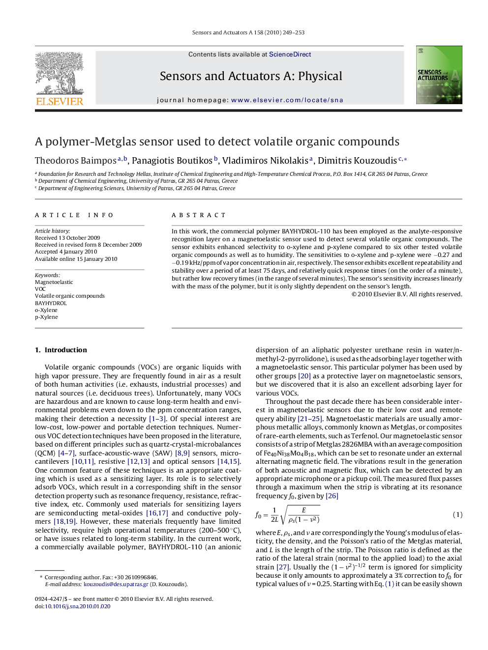 A polymer-Metglas sensor used to detect volatile organic compounds