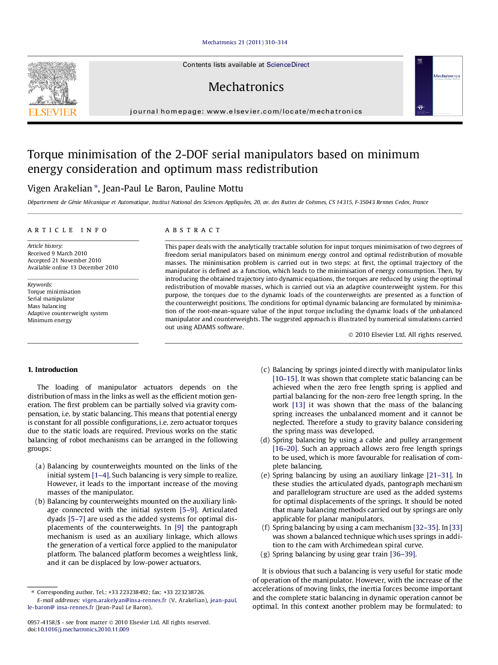 Torque minimisation of the 2-DOF serial manipulators based on minimum energy consideration and optimum mass redistribution